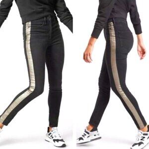 New ATHLETA Sculptek Jeans Gold Tuxedo Side Stripe Black Denim High-rise 6